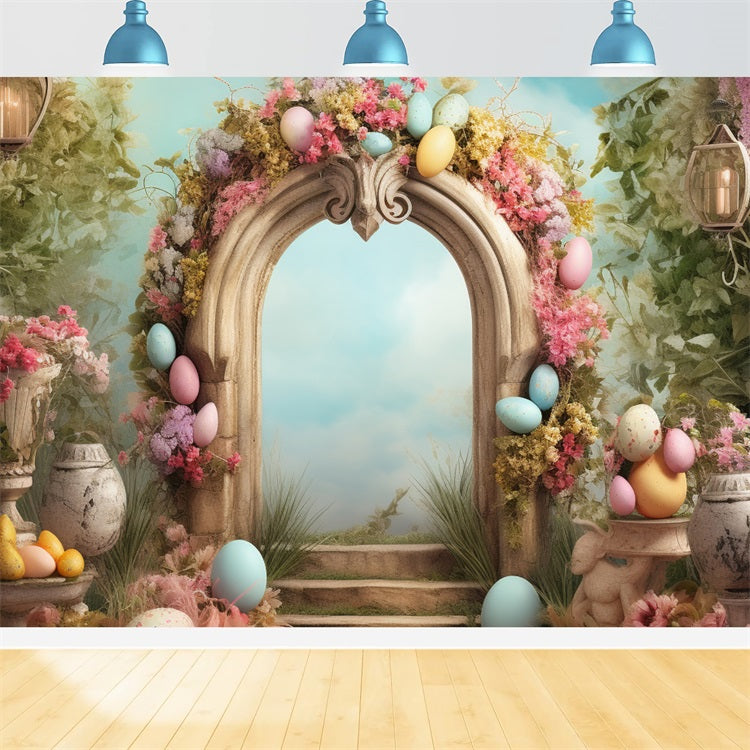 Toile de Fond Pâques Arche en Pierre Œufs Pastels BRP11-336