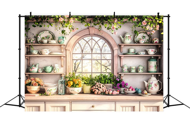 Toile de Fond Pâques Thème Cuisine Étagères Fleuries BRP11-344