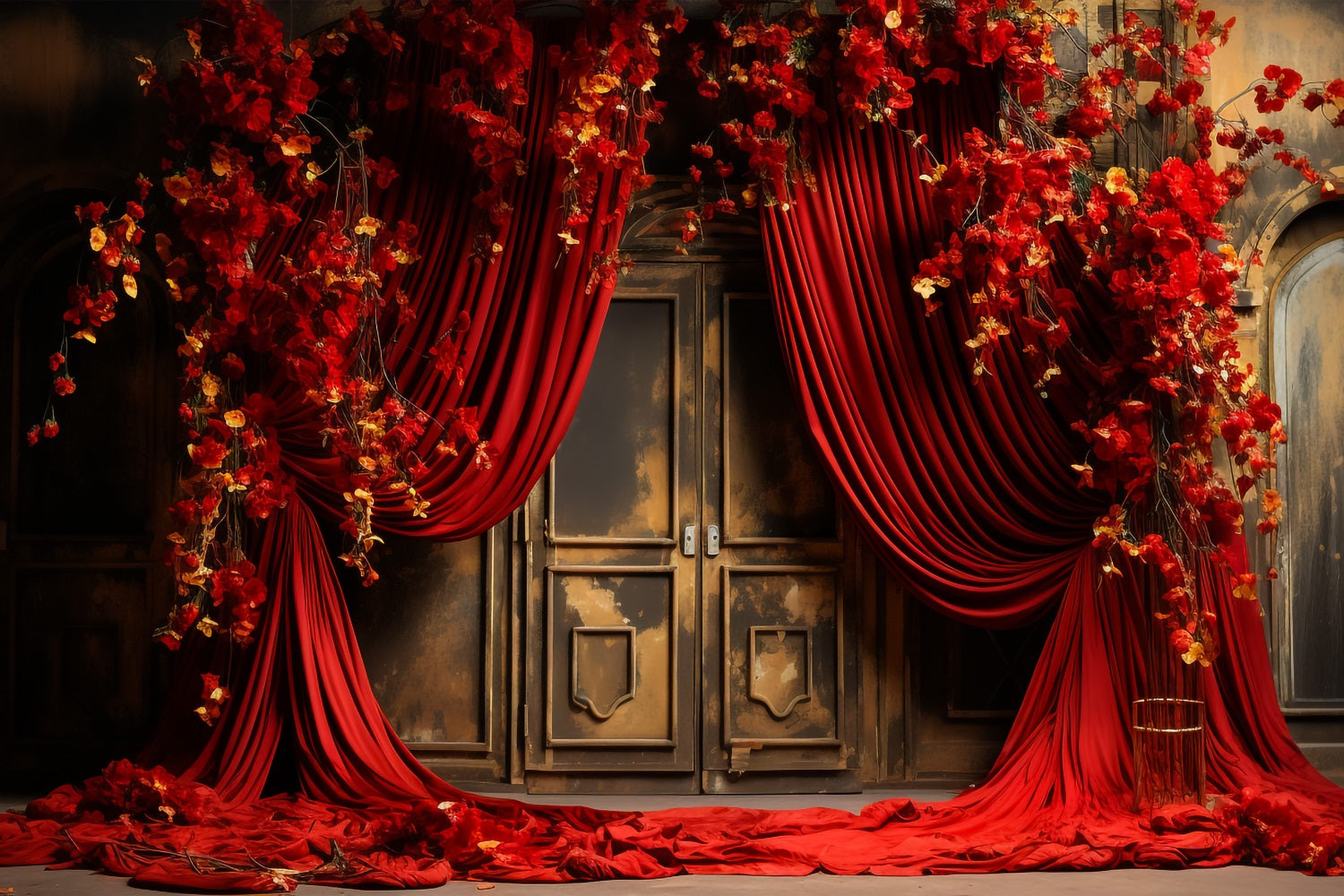 Toile de fond Saint-Valentin Rideaux Rouges Fleurs BRP11-395