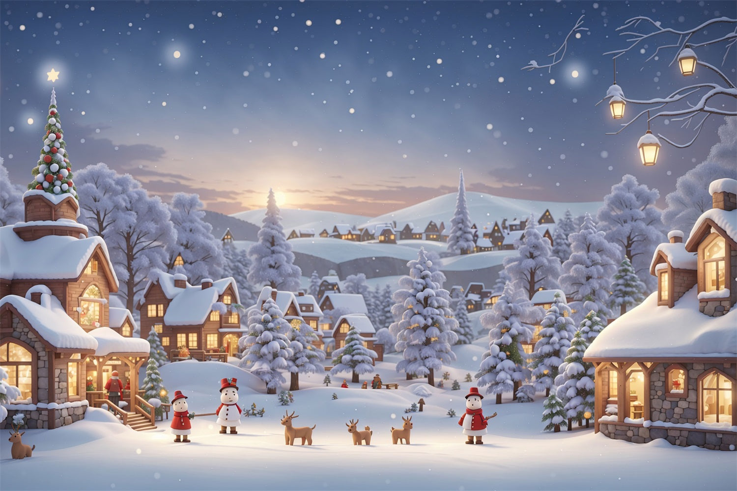 Toile de fond Hiver Village Douillet Bonhommes de Neige Rennes BRP11-475