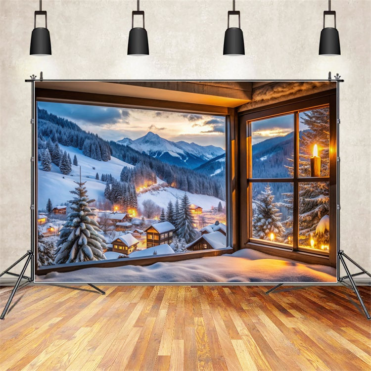 Toile de fond Hiver Village de Montagne Enneigé Vue par Fenêtre BRP11-496