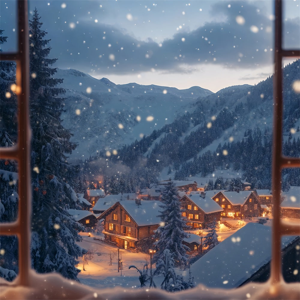 Toile de fond Hiver Photographie Village Étincelant Vue par Fenêtre BRP11-498