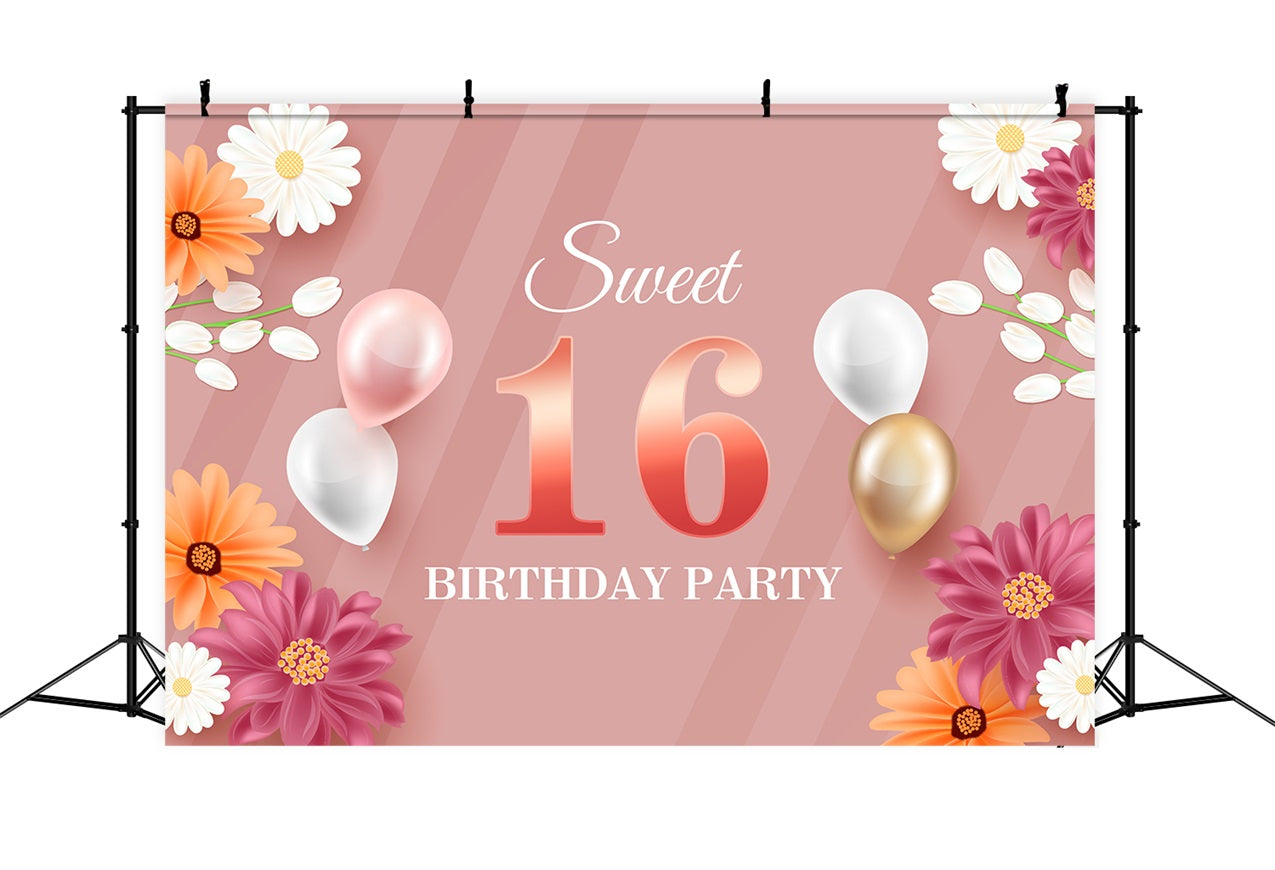 Toile de fond Personnalisable Anniversaire Sweet 16 Ballons Floraux BRP2-228