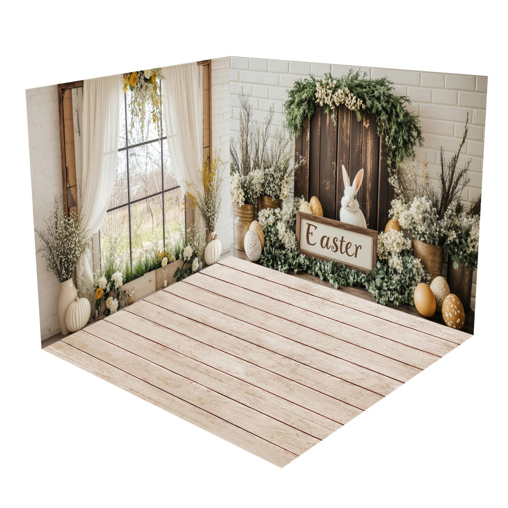 Ensemble de Salle Lapin de Pâques Plancher en Bois Naturel BRP2-24