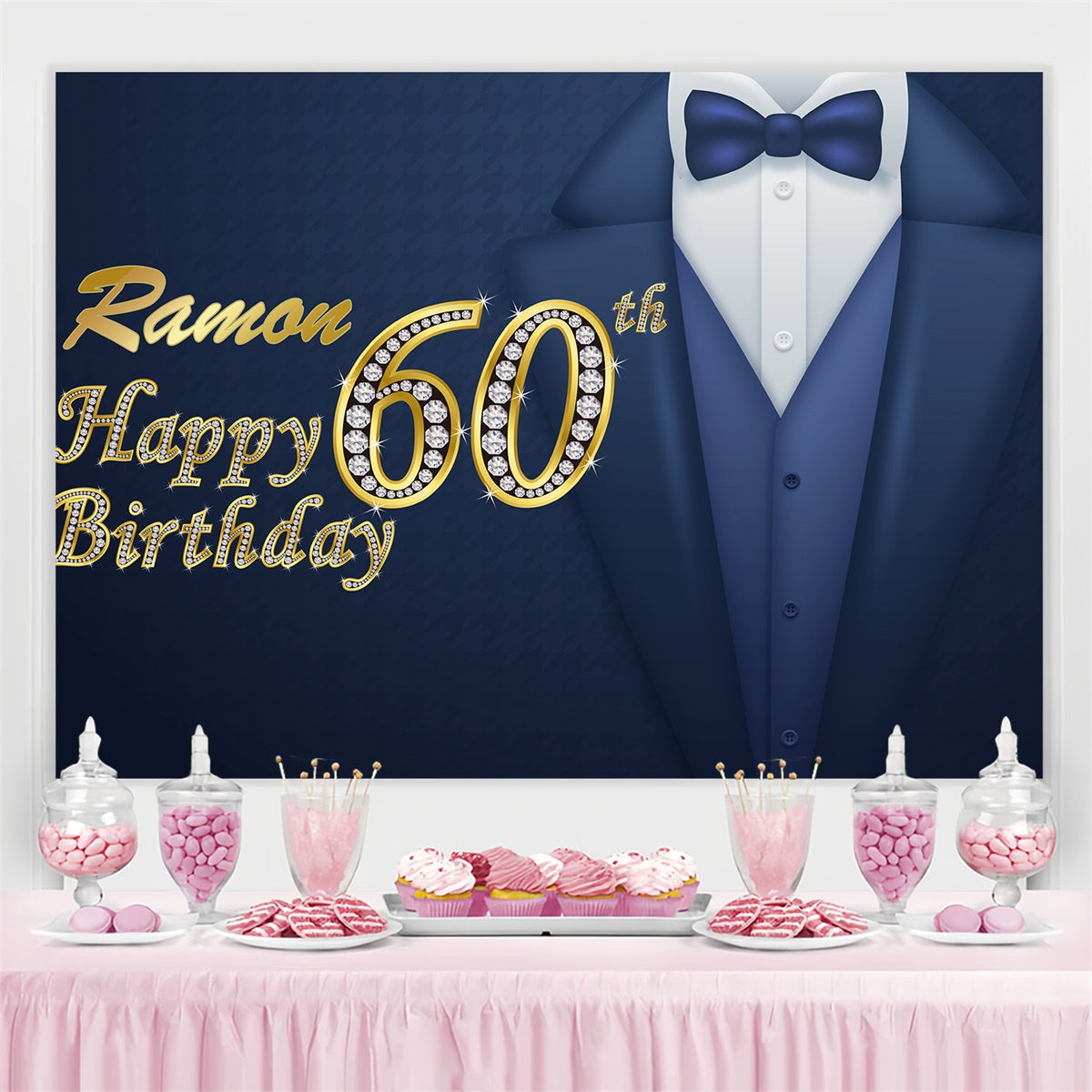Toile de fond Anniversaire Personnalisé Smoking Bleu Or Élégant 60ème BRP3-257