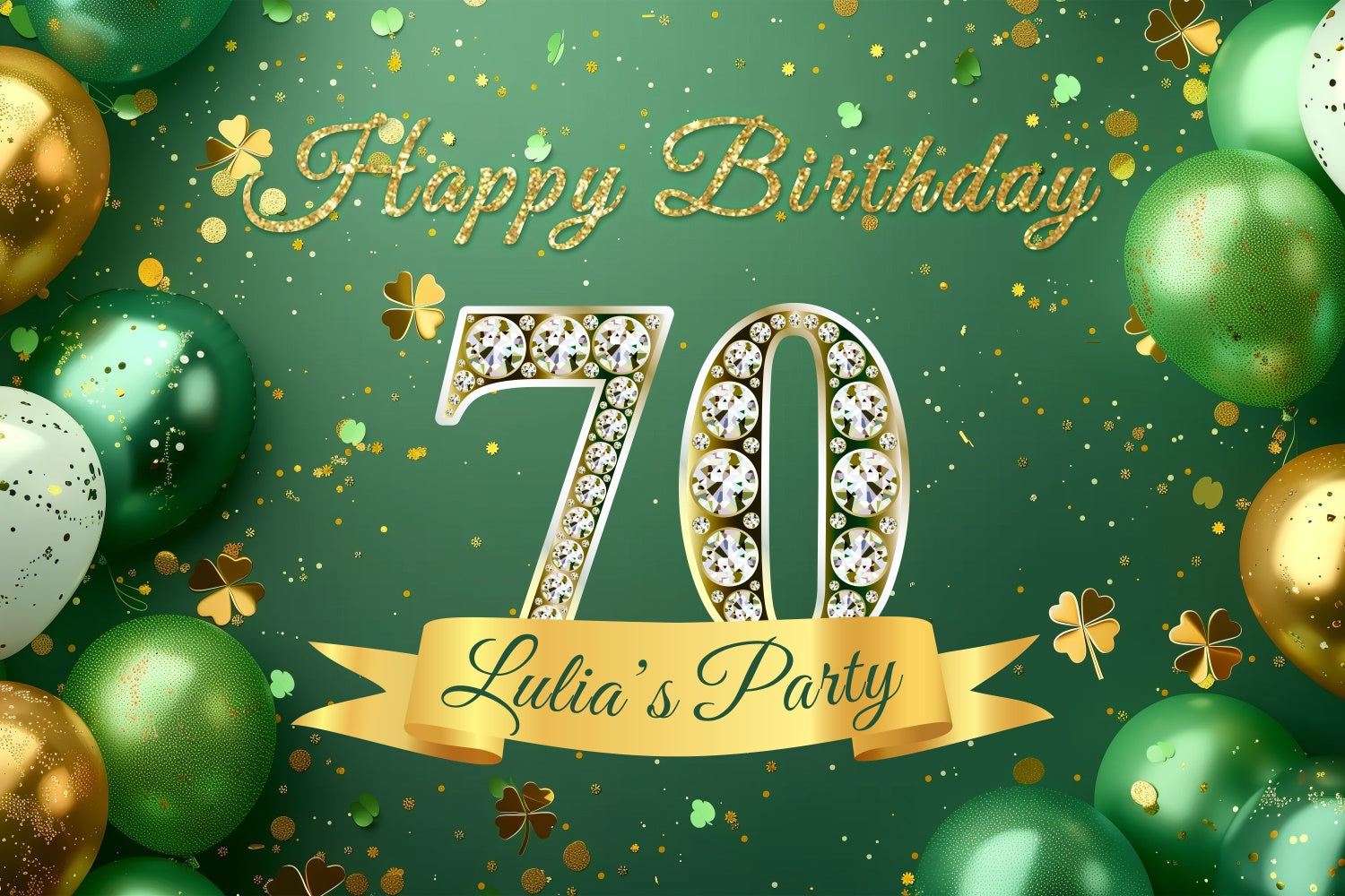 Toile de fond Anniversaire Personnalisée Ballons Paillettes Vertes 70ème BRP3-275