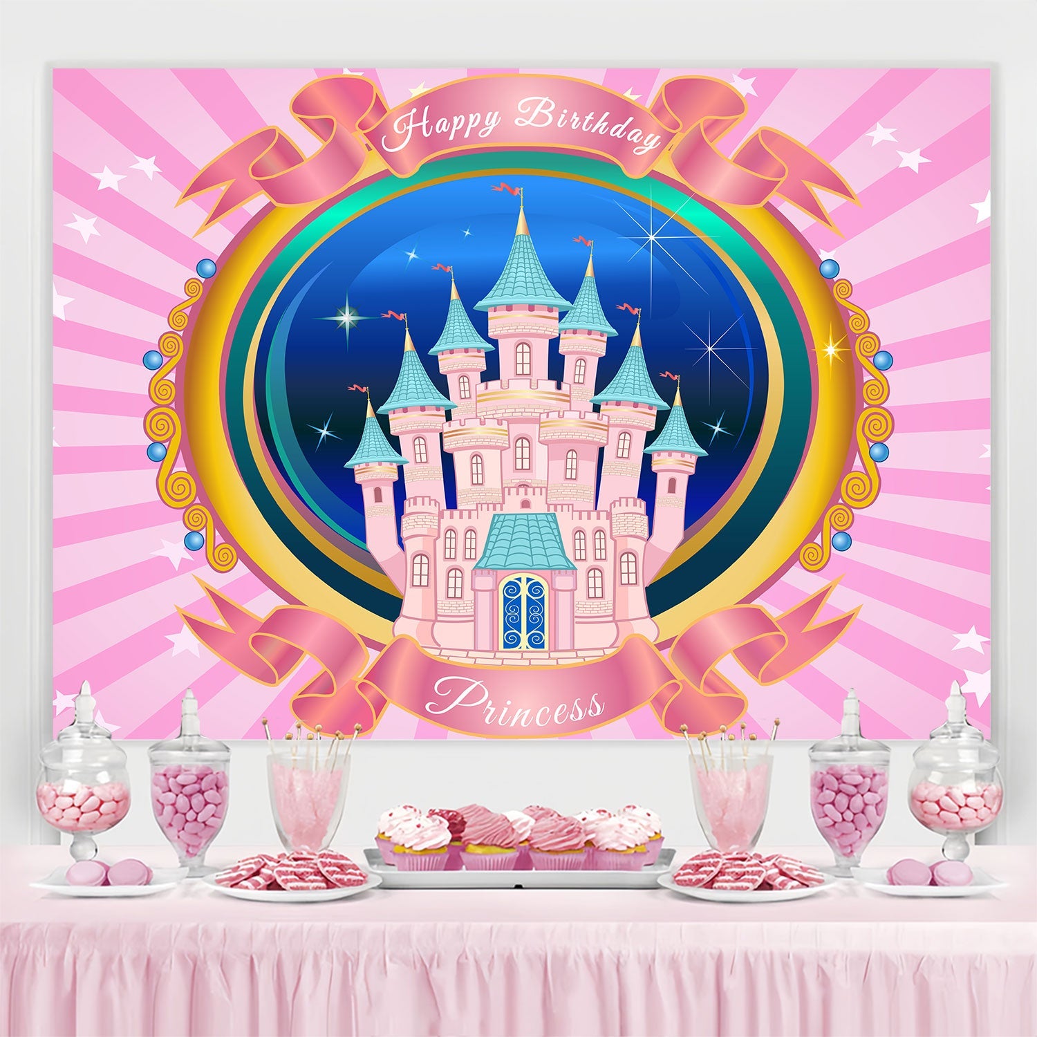 Toile de fond Deco Anniversaire Château Magique Rose BRP3-82