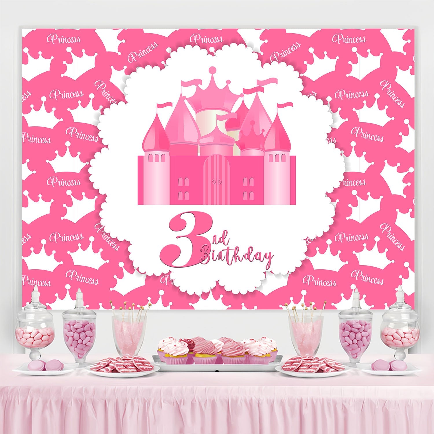 Toile de fond Photo Anniversaire Château Princesse Rose 3ème BRP3-84
