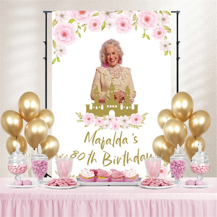 Toile de fond Anniversaire Personnalisée Château en Fleurs 80ème BRP4-15