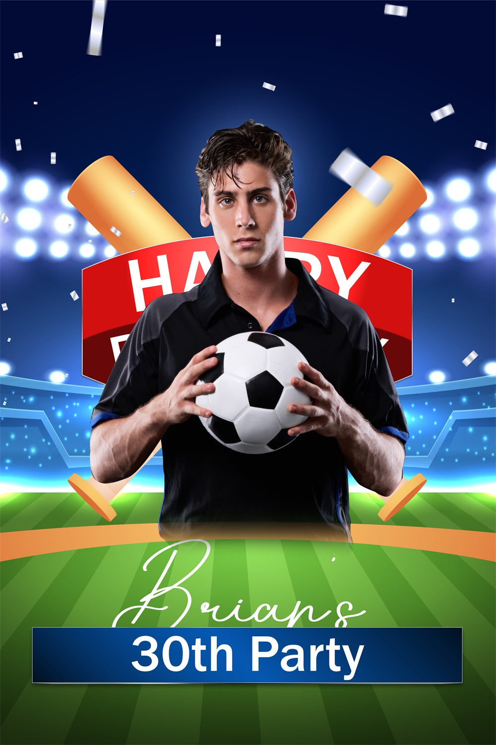 Toile de fond Anniversaire Personnalisée Stade de Football 30ème Lumières BRP4-19