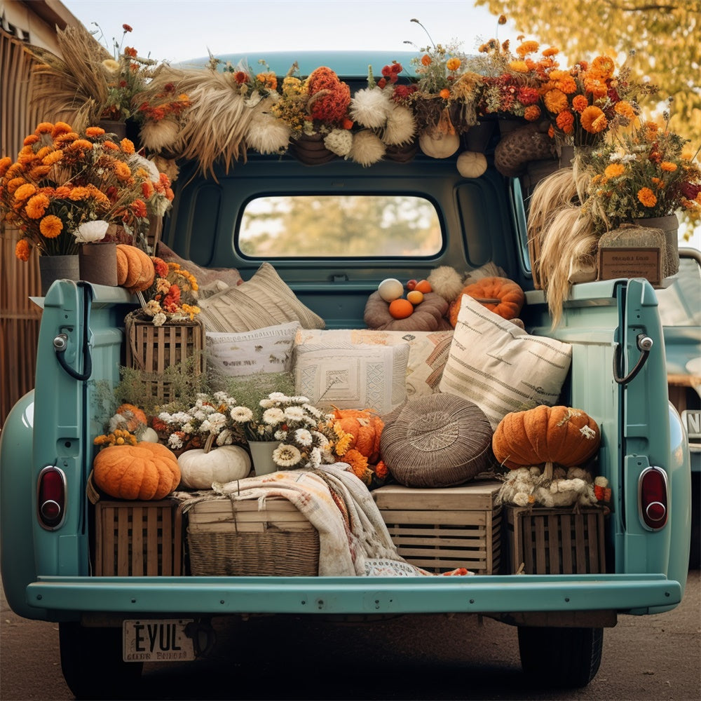 Toile de fond de forêt avec citrouilles et camion bleu en automne BRP7-101