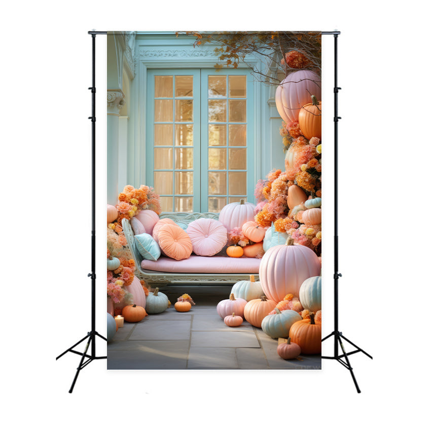 Toile de fond de canapé avec citrouilles et fleurs colorées d'automne BRP7-106