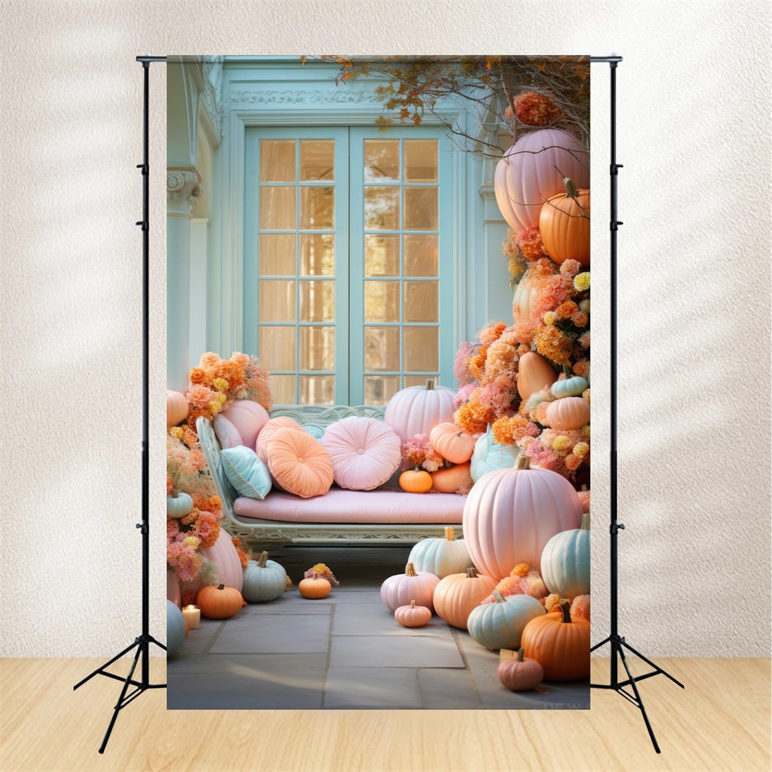 Toile de fond de canapé avec citrouilles et fleurs colorées d'automne BRP7-106