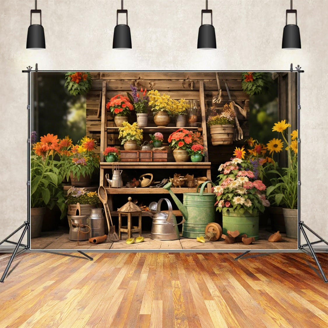 Toile de fond d'étagère à outils avec fleurs d'automne BRP7-107
