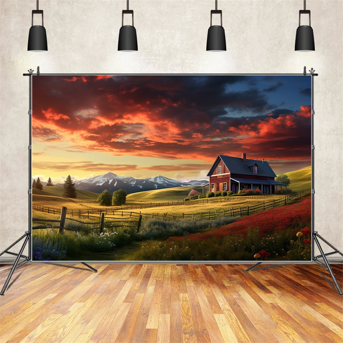 Toile de fond de ferme avec maison rouge au coucher du soleil en automne BRP7-108