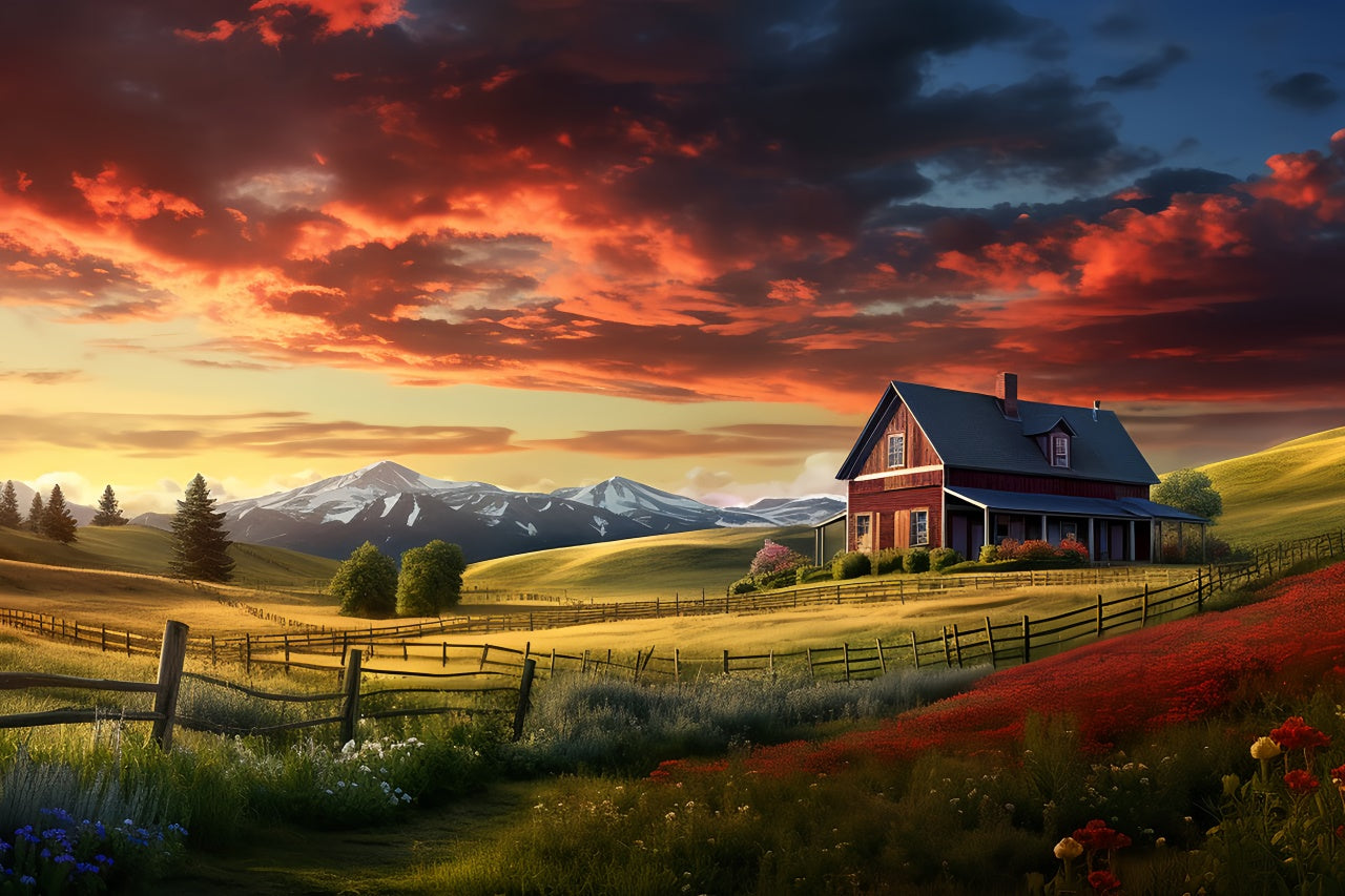 Toile de fond de ferme avec maison rouge au coucher du soleil en automne BRP7-108
