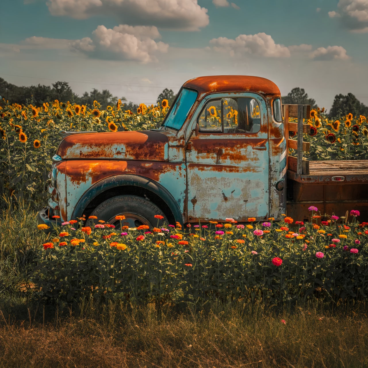 Toile de fond de ferme avec tournesols et camion en automne BRP7-115