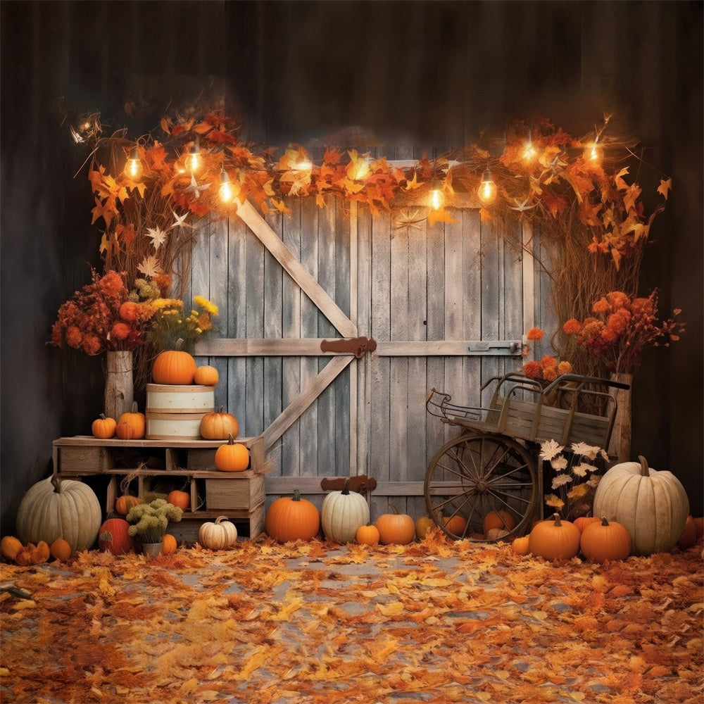 Toile de fond de porte de grange en bois avec citrouilles d'automne BRP7-116