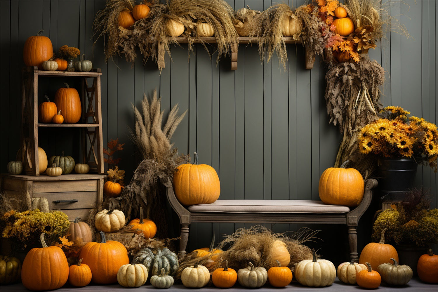 Toile de fond d'étagère avec citrouilles et roseaux d'automne BRP7-127