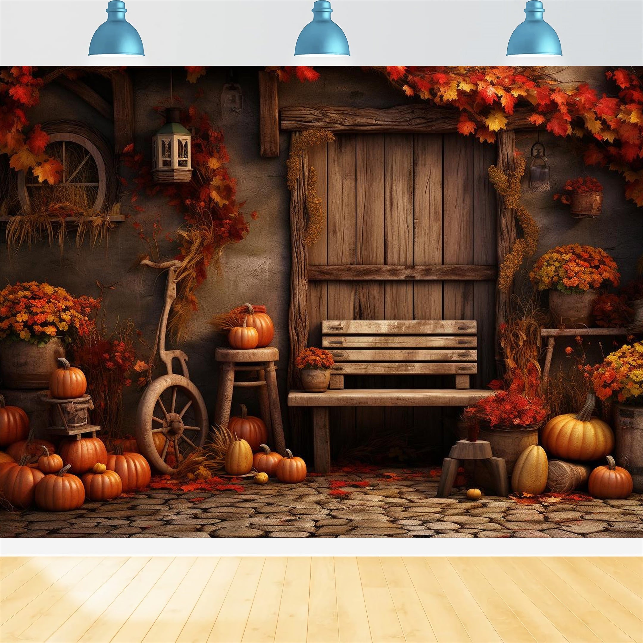 Toile de fond de porte en bois avec feuille d'érable et citrouilles d'automne BRP7-132