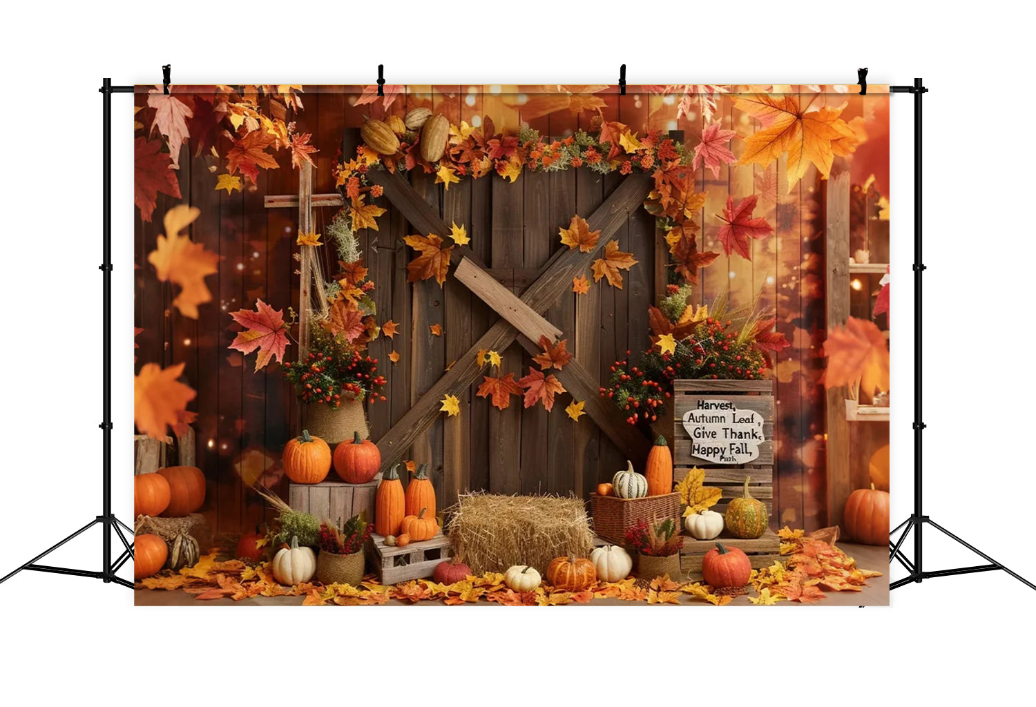 Toile de fond de porte de grange avec feuille et citrouilles "Joyeux Automne" BRP7-137