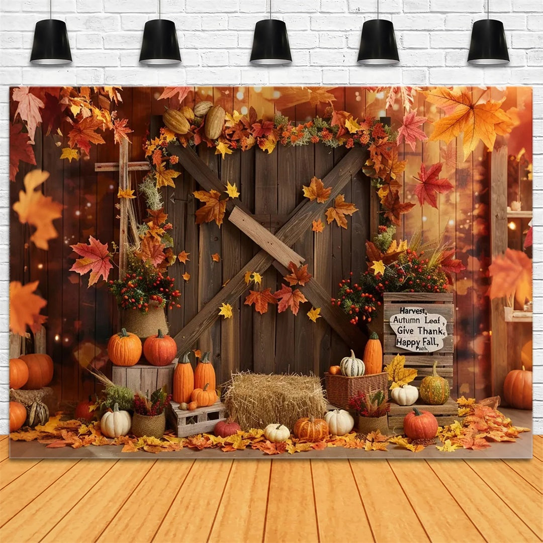 Toile de fond de porte de grange avec feuille et citrouilles "Joyeux Automne" BRP7-137