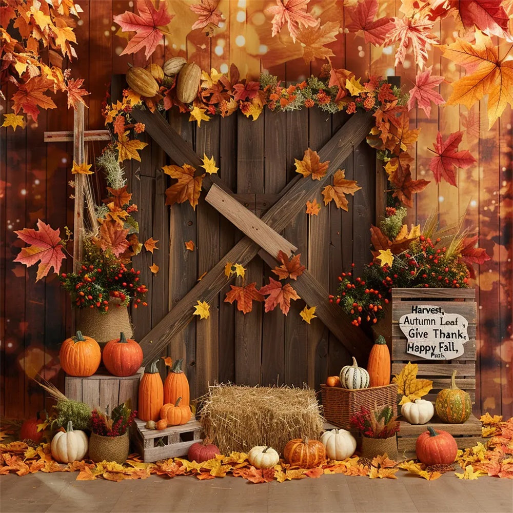 Toile de fond de porte de grange avec feuille et citrouilles "Joyeux Automne" BRP7-137