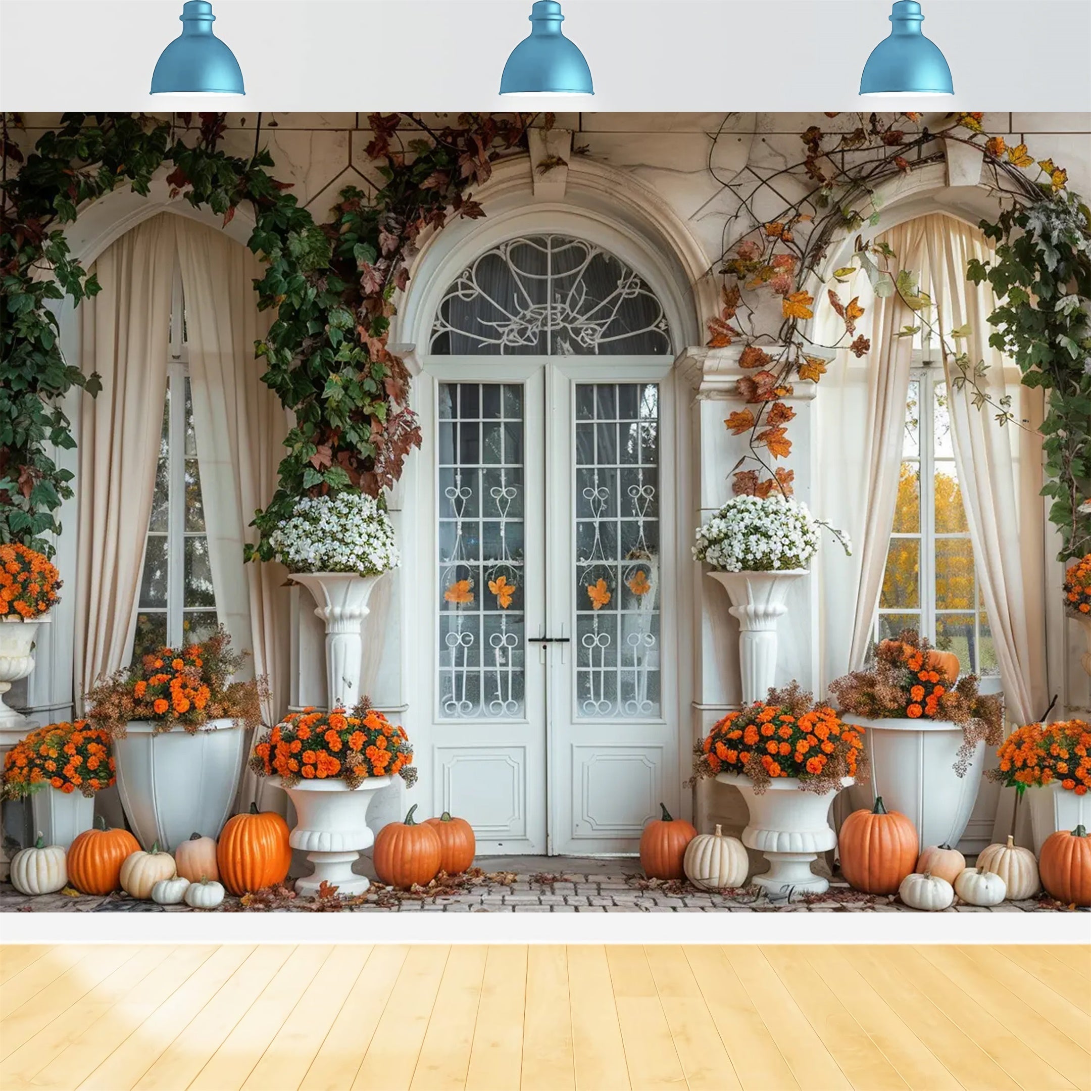 Toile de fond de porte d'arc blanche avec citrouilles d'automne BRP7-139