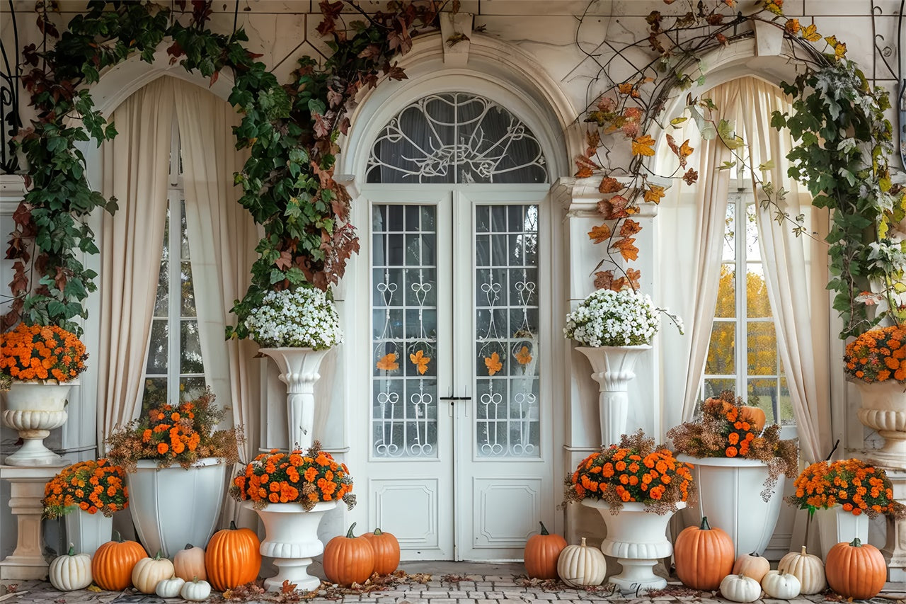 Toile de fond de porte d'arc blanche avec citrouilles d'automne BRP7-139
