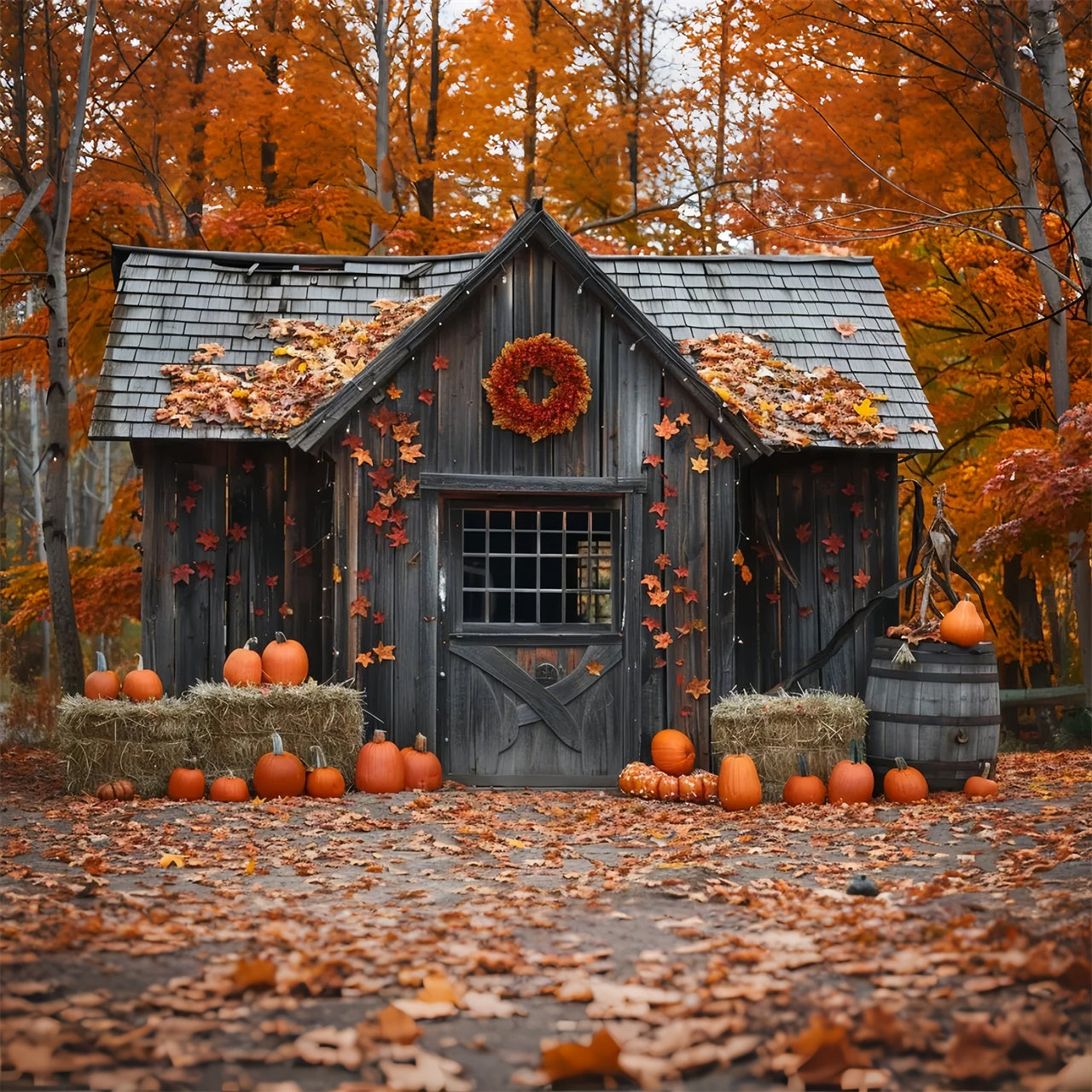 Toile de fond de maison en bois avec feuilles et citrouilles d'automne BRP7-144