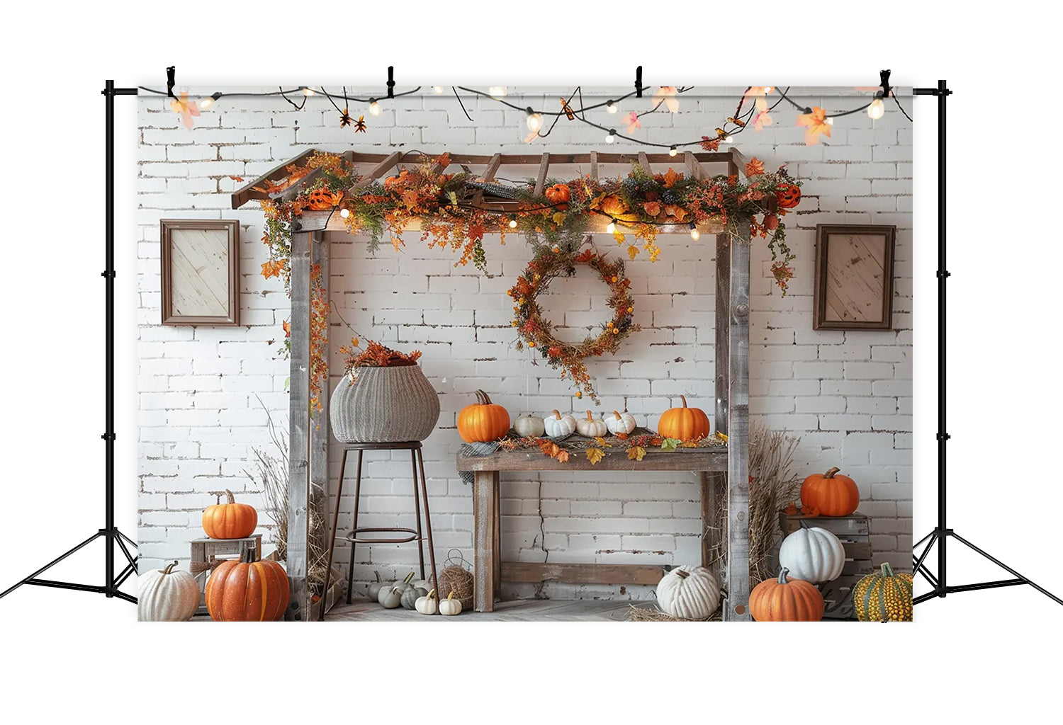 Toile de fond de stand de citrouilles avec lampe et briques blanches d'automne BRP7-145