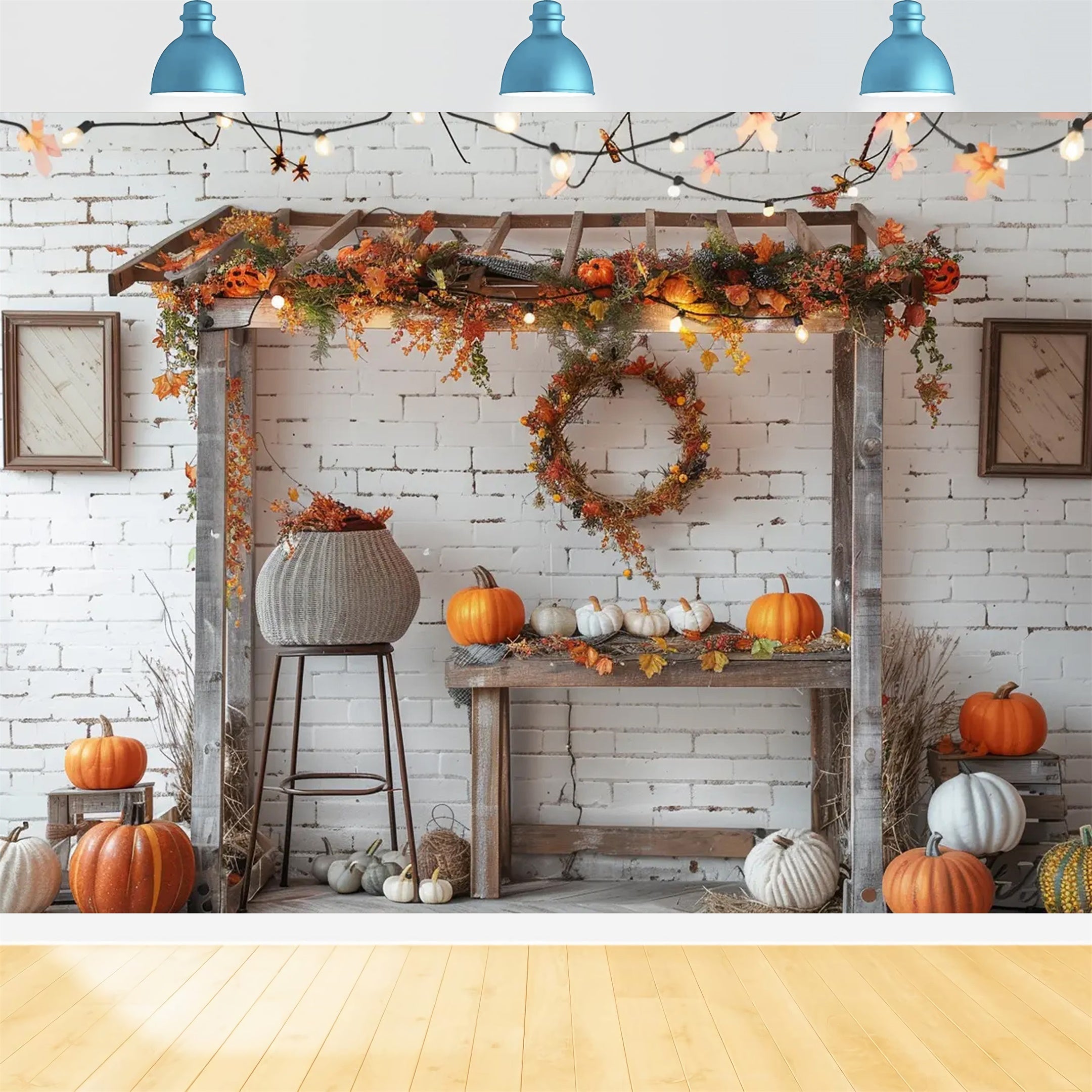 Toile de fond de stand de citrouilles avec lampe et briques blanches d'automne BRP7-145