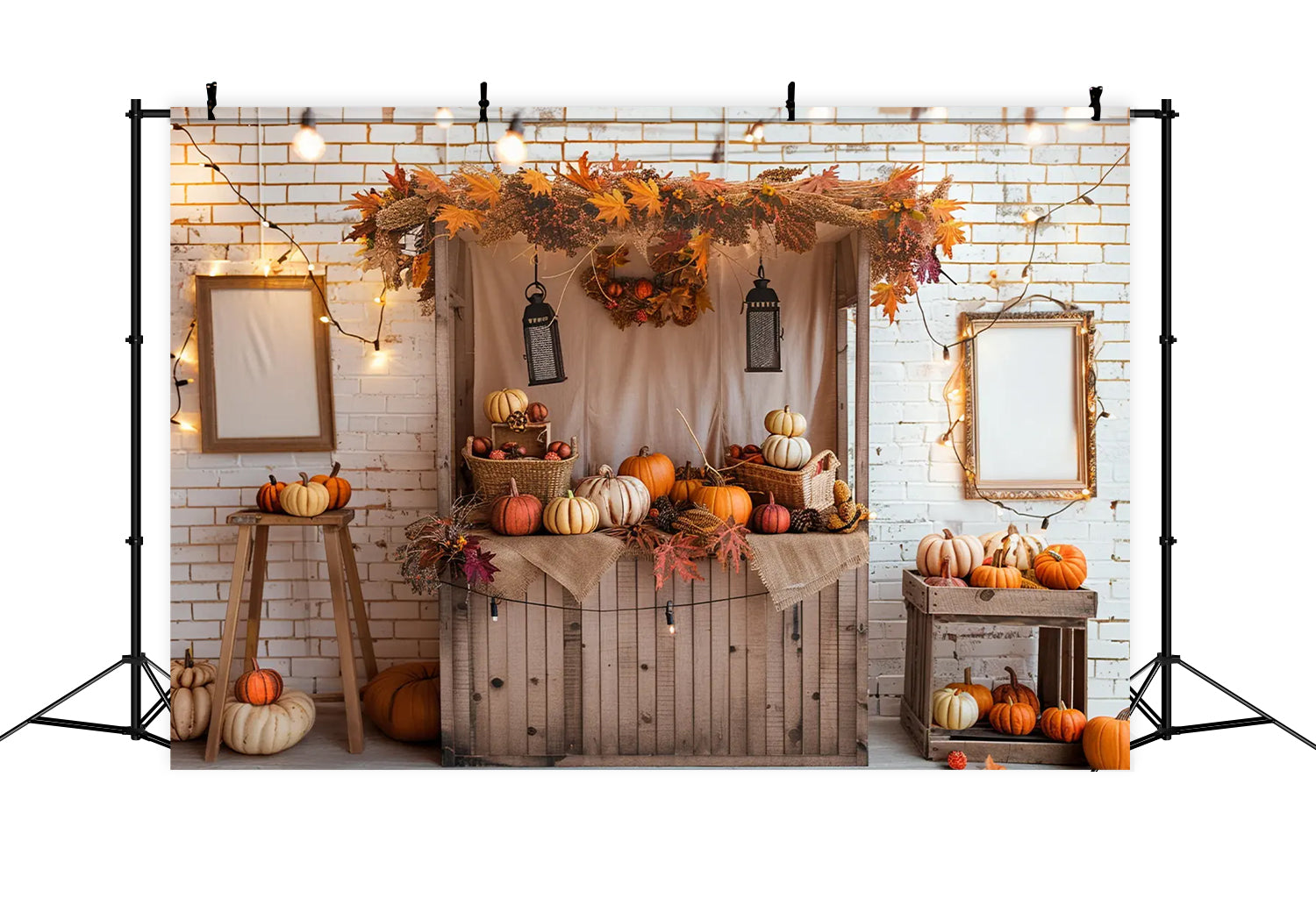 Toile de fond de stand de citrouilles avec briques blanches d'automne BRP7-146