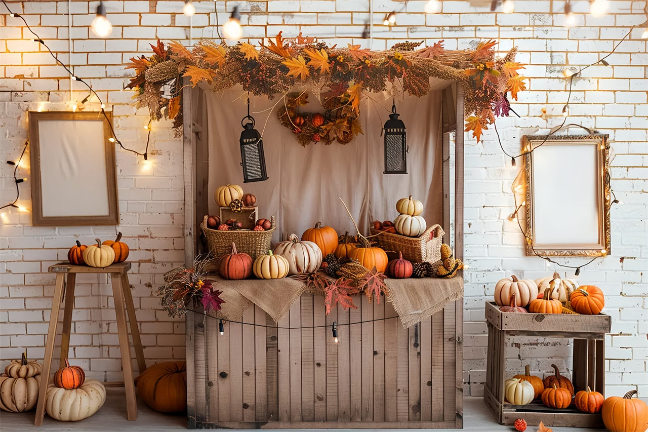 Toile de fond de stand de citrouilles avec briques blanches d'automne BRP7-146