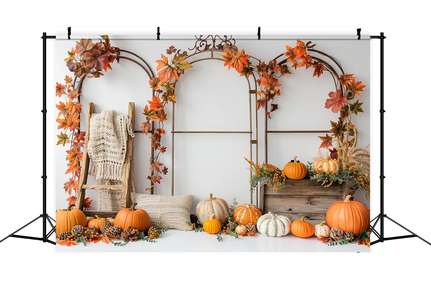 Toile de fond de stand avec arche de citrouilles et feuilles d'automne BRP7-150