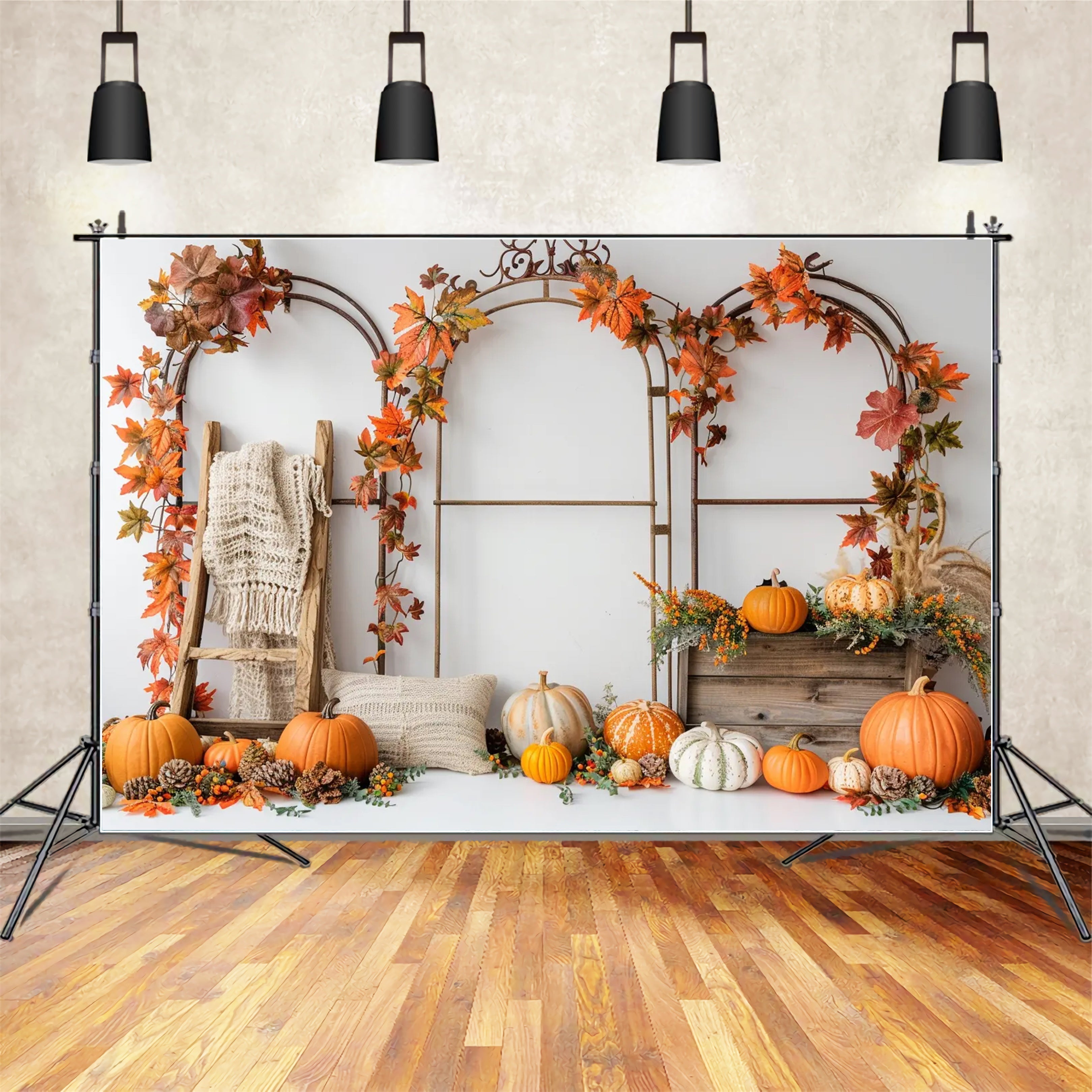 Toile de fond de stand avec arche de citrouilles et feuilles d'automne BRP7-150