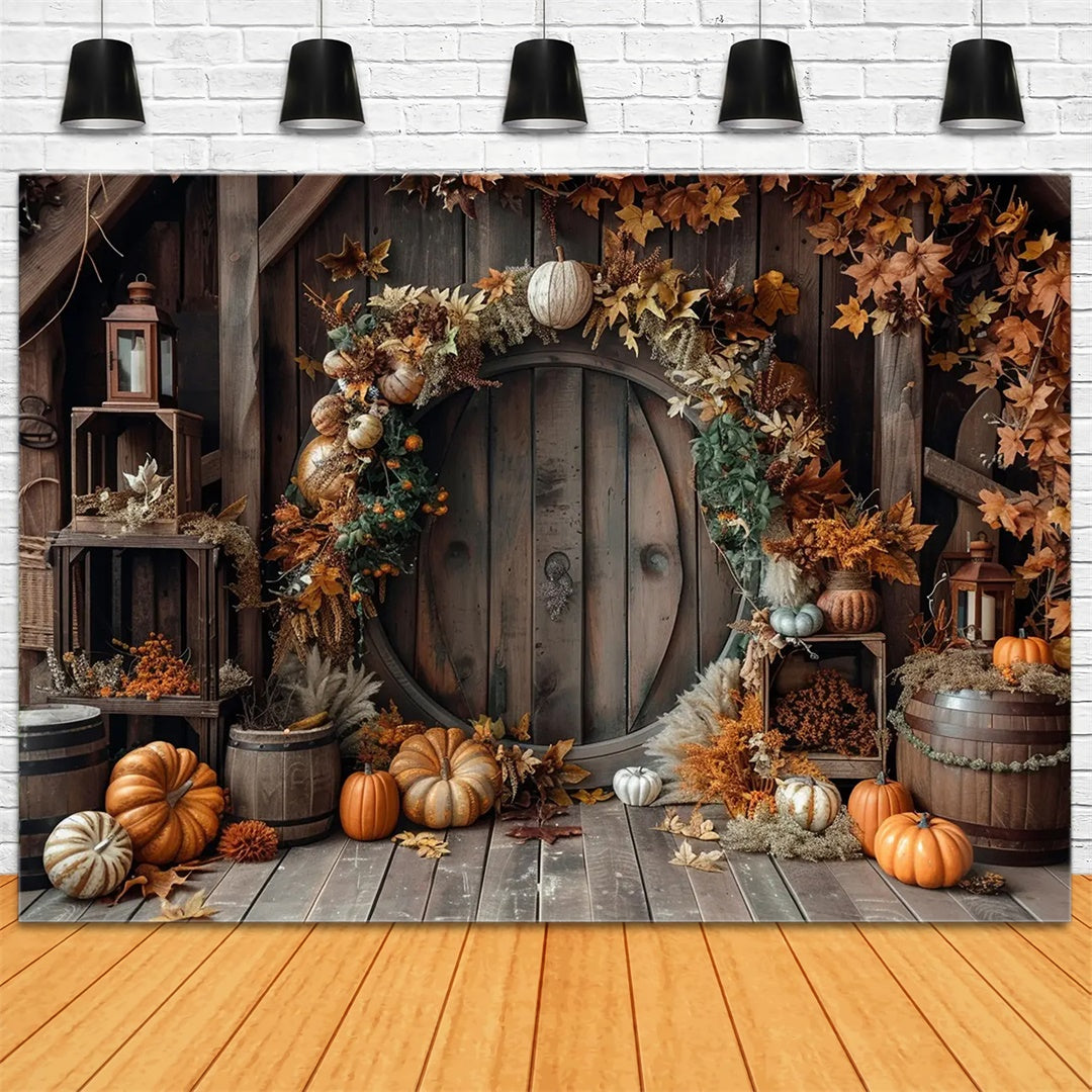 Toile de fond de porte de grange ronde avec feuilles et citrouilles d'automne BRP7-152