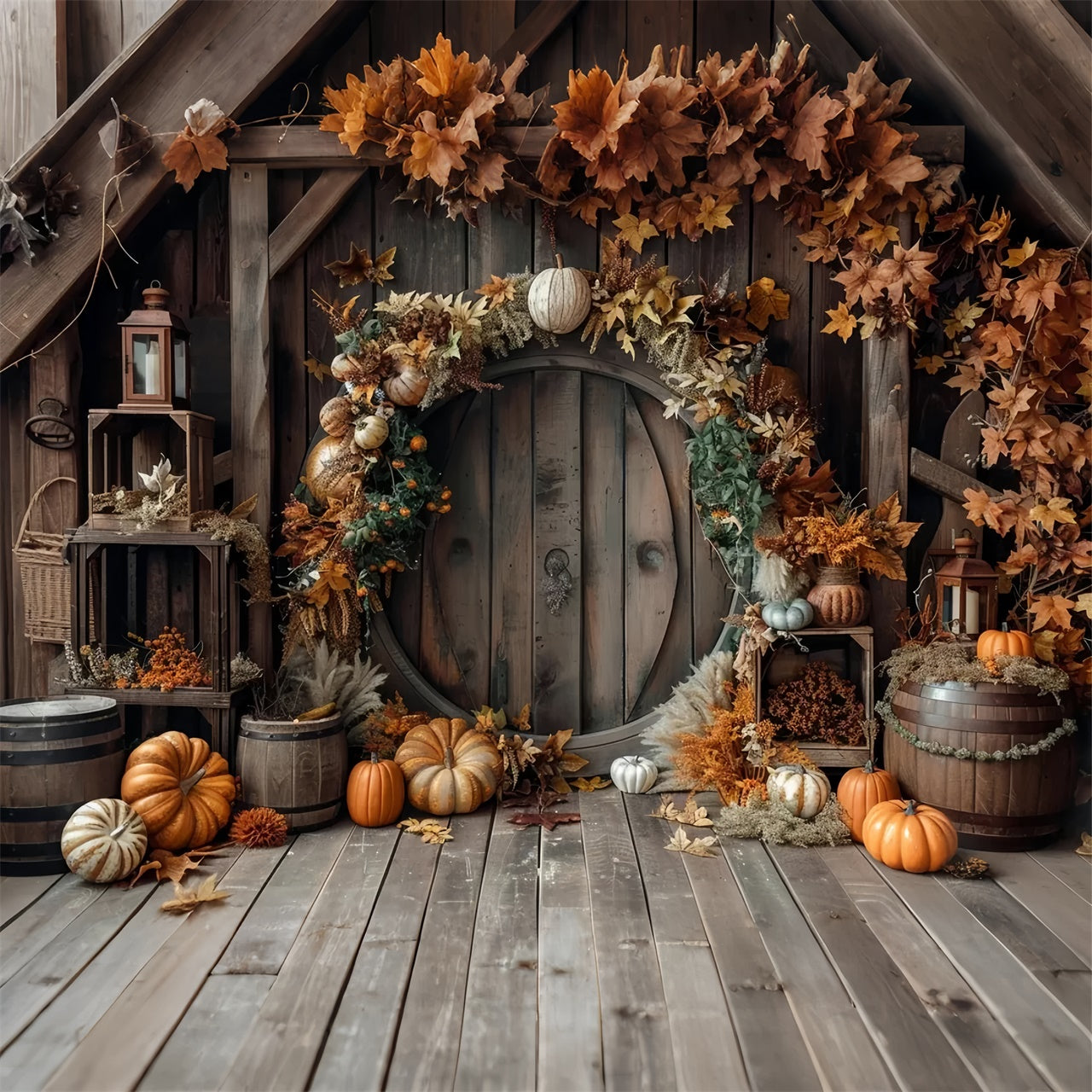 Toile de fond de porte de grange ronde avec feuilles et citrouilles d'automne BRP7-152