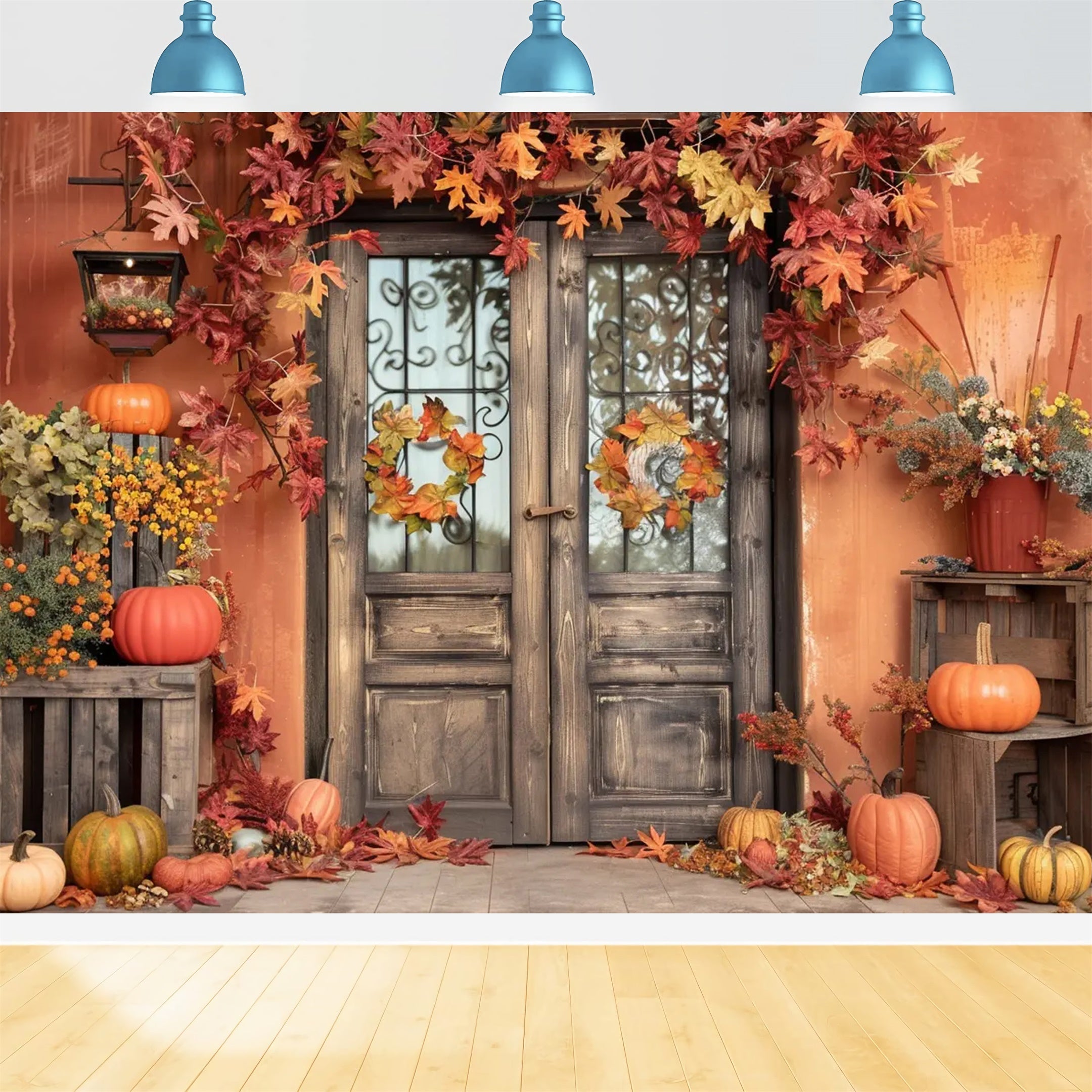 Toile de fond de mur orange avec feuilles et citrouilles d'automne BRP7-157