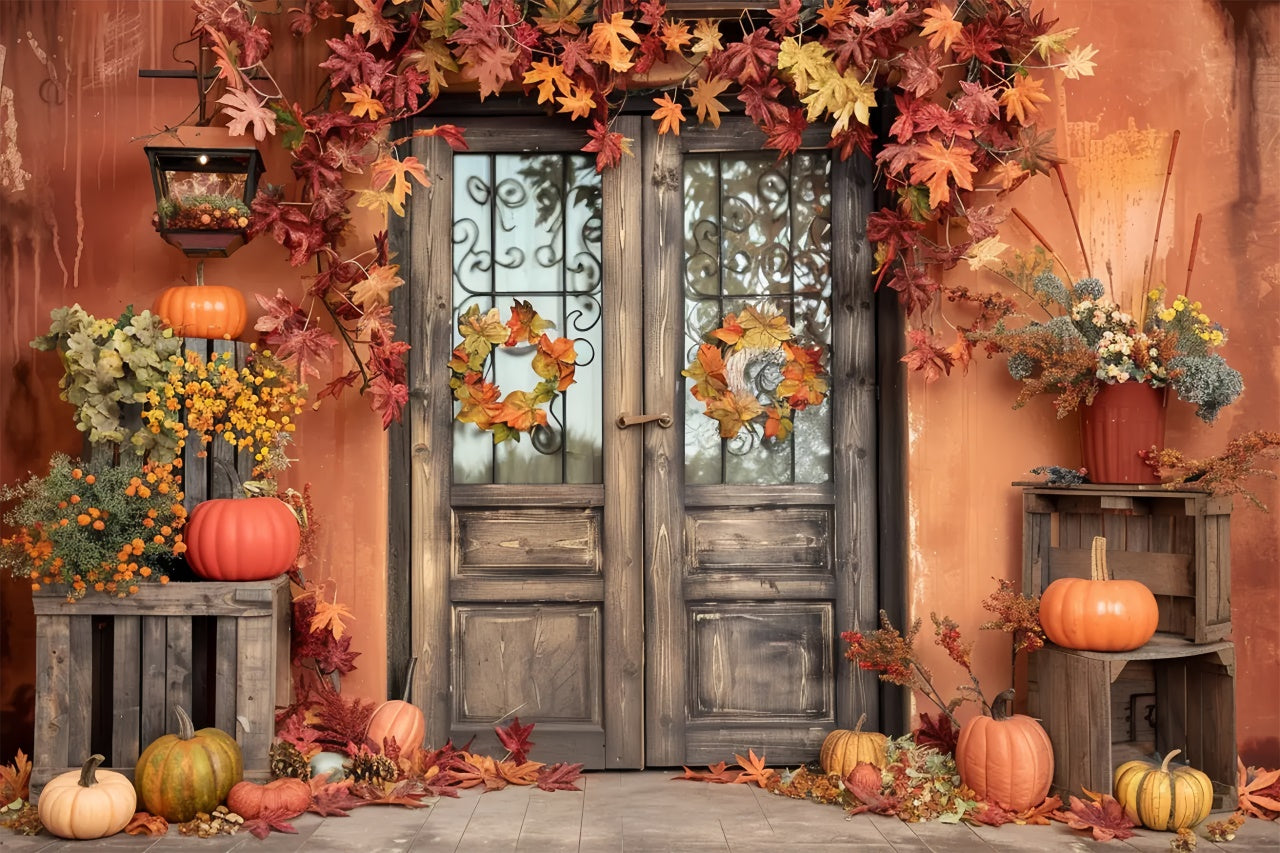 Toile de fond de mur orange avec feuilles et citrouilles d'automne BRP7-157