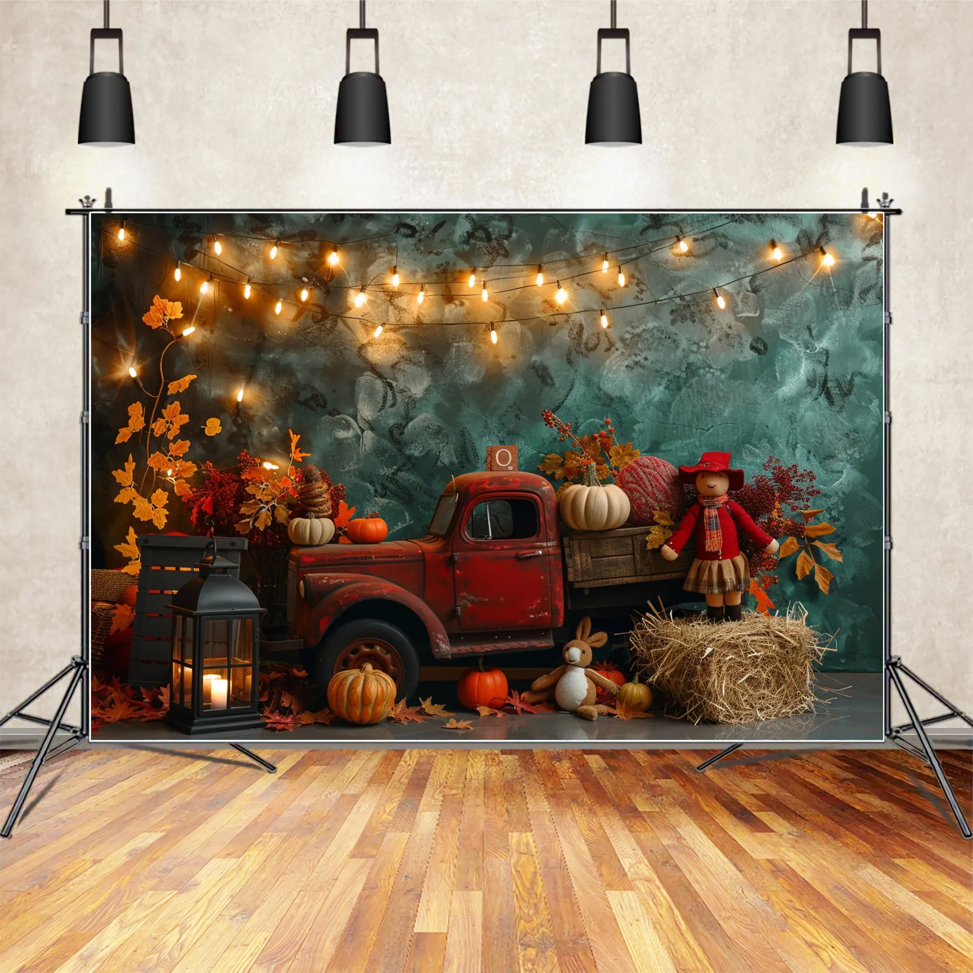 Toile de fond de camion rouge rempli de citrouilles en automne BRP7-159