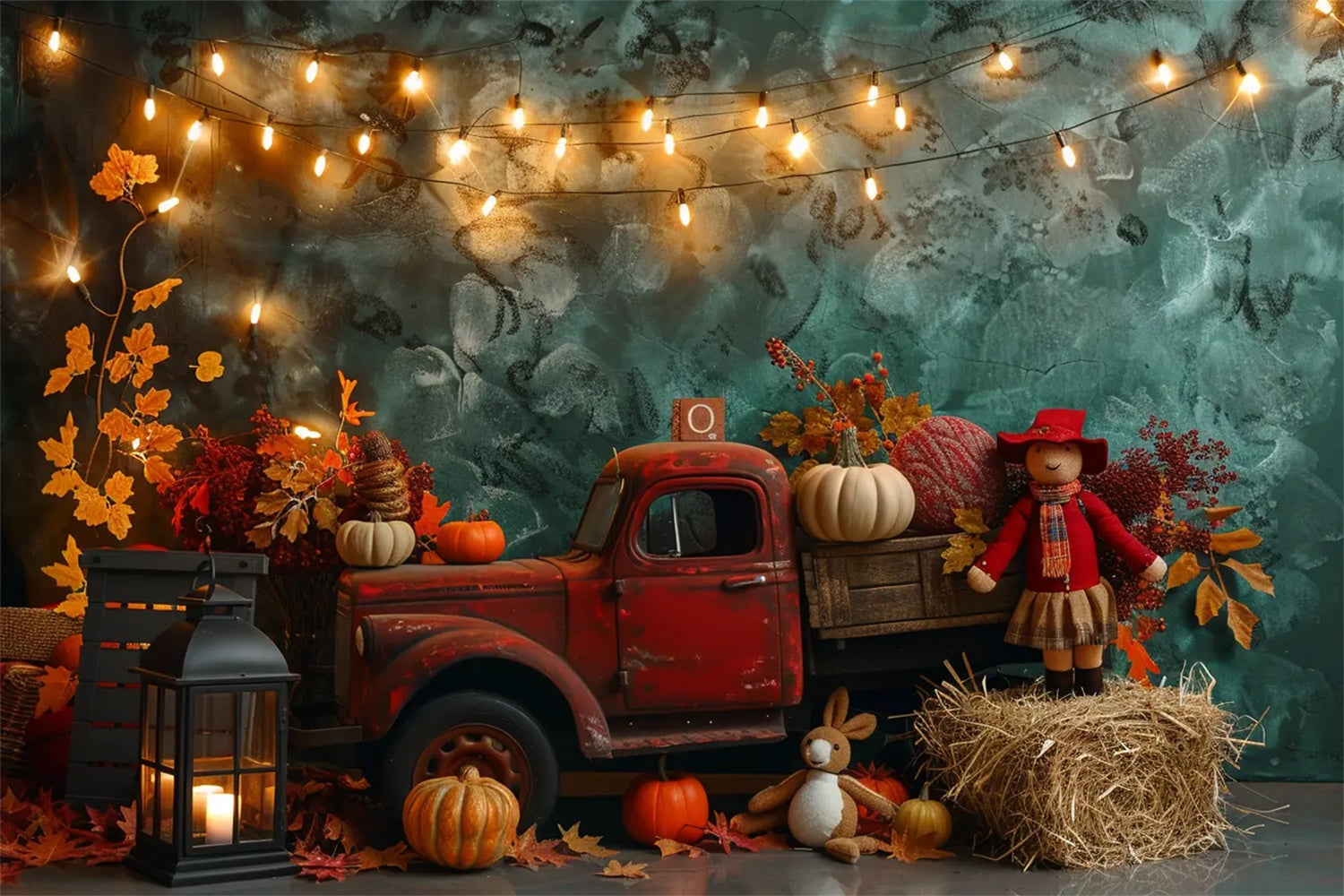Toile de fond de camion rouge rempli de citrouilles en automne BRP7-159