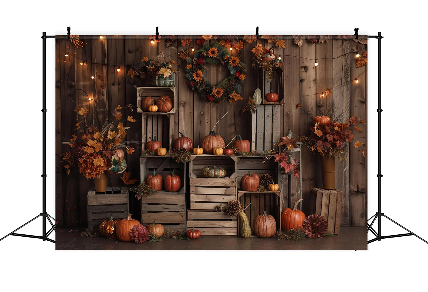Toile de fond de bois brun foncé avec feuilles et citrouilles d'automne BRP7-160