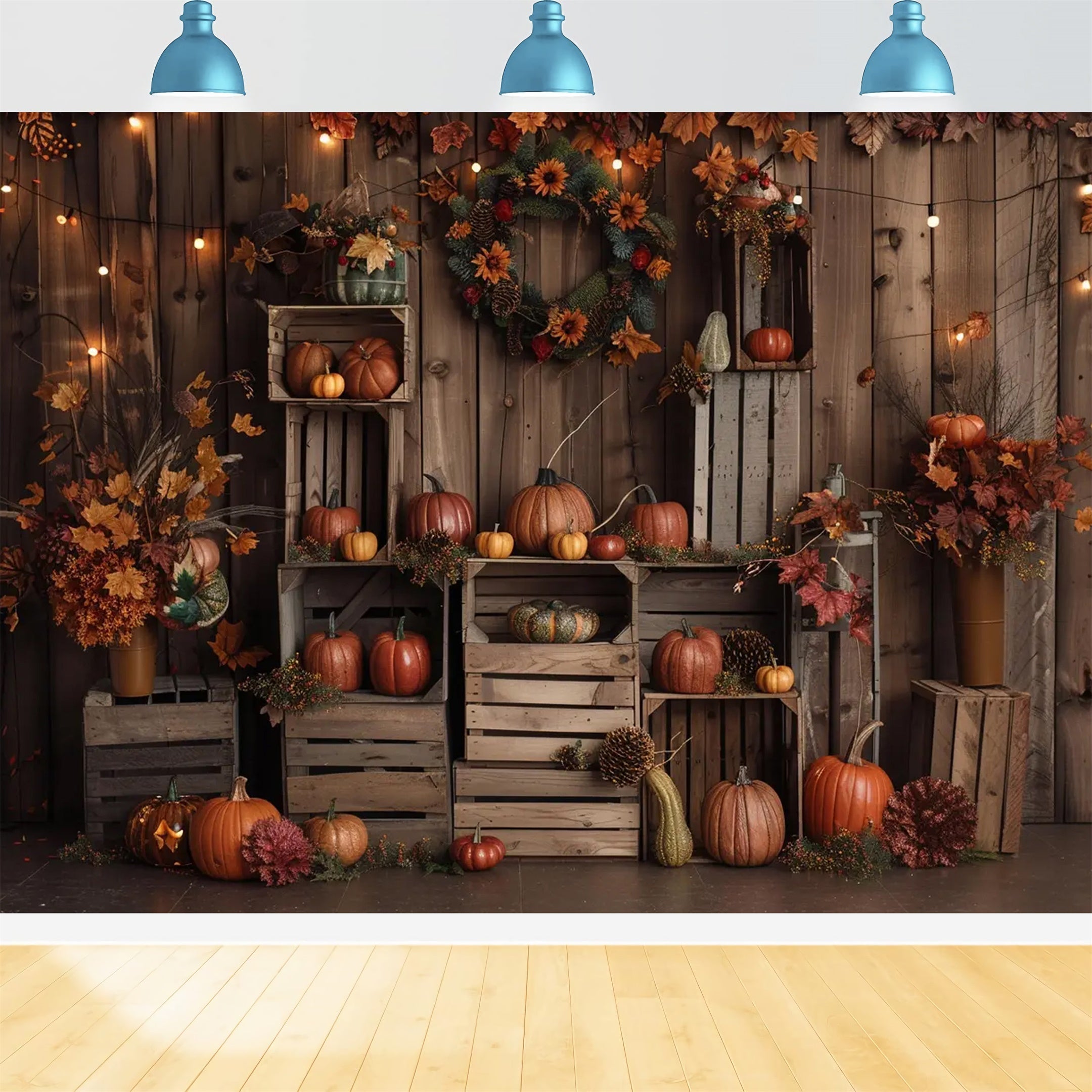Toile de fond de bois brun foncé avec feuilles et citrouilles d'automne BRP7-160