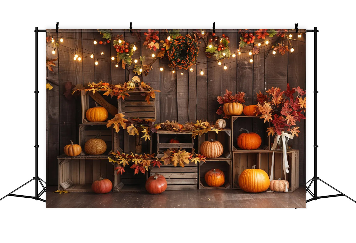 Toile de fond de planches en bois avec étagère à citrouilles et lampe d'automne BRP7-161