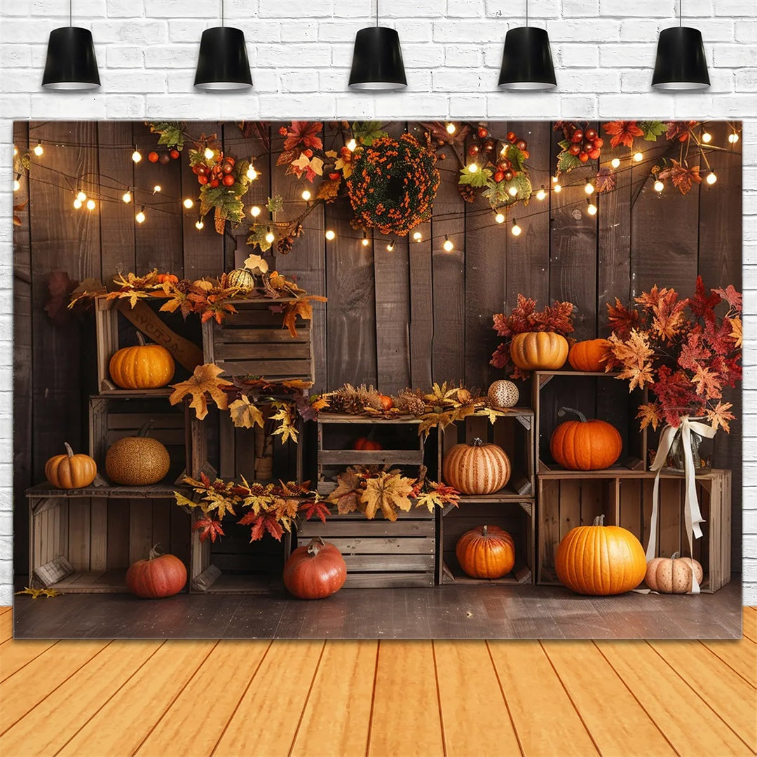 Toile de fond de planches en bois avec étagère à citrouilles et lampe d'automne BRP7-161