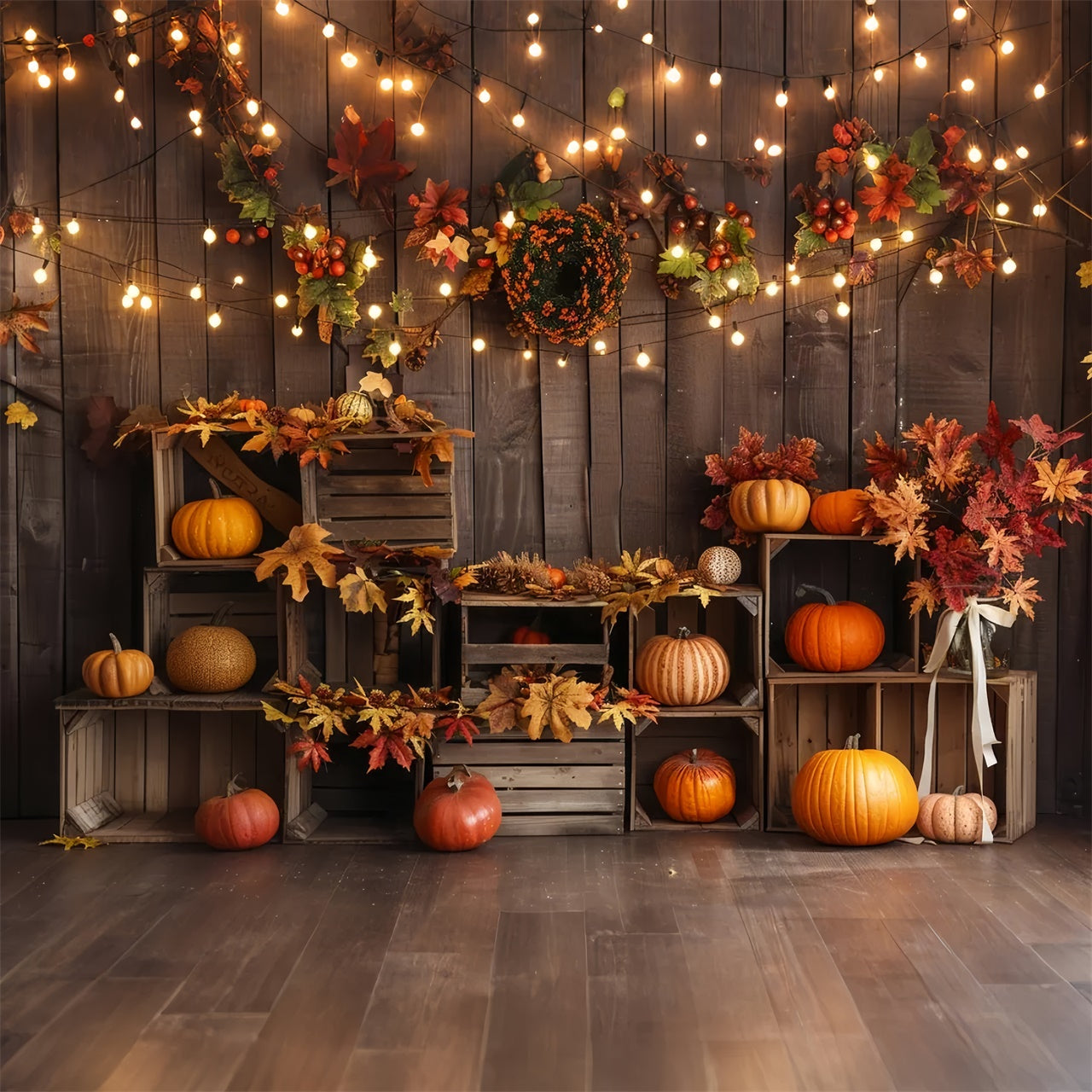 Toile de fond de planches en bois avec étagère à citrouilles et lampe d'automne BRP7-161