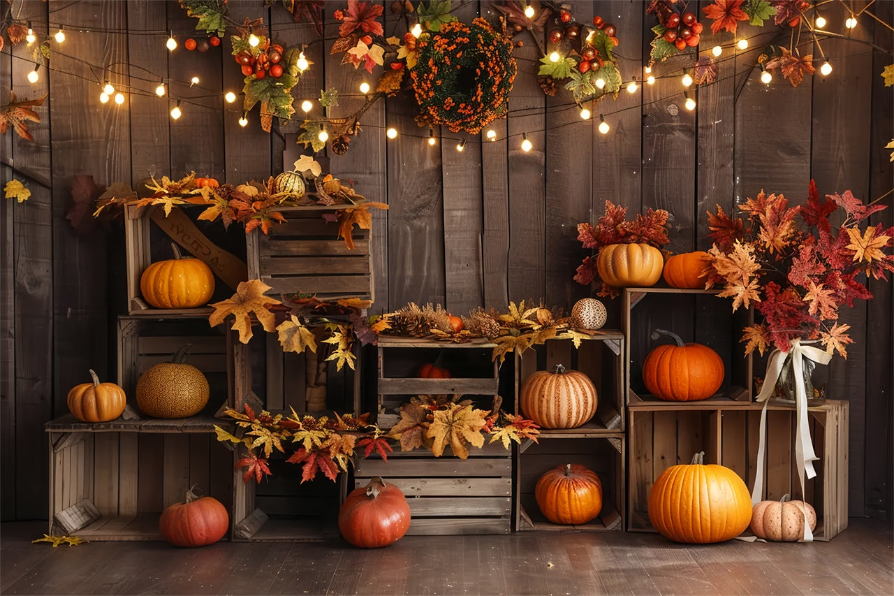 Toile de fond de planches en bois avec étagère à citrouilles et lampe d'automne BRP7-161