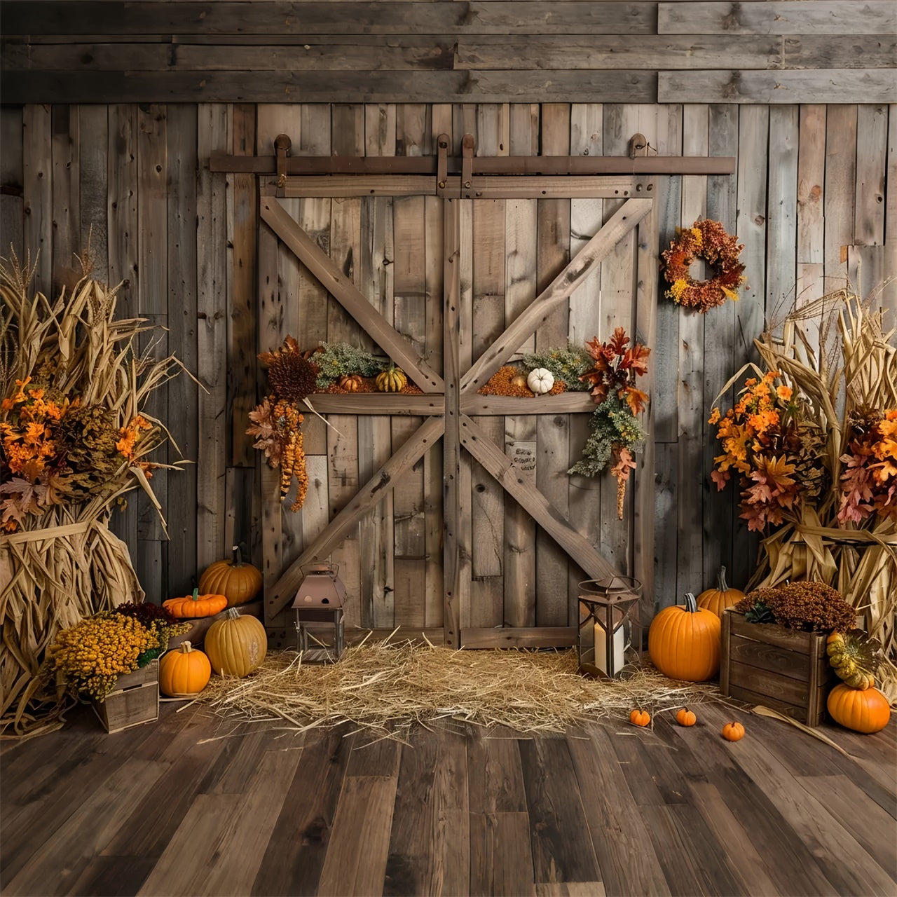 Toile de fond de porte de grange en bois brun avec citrouilles d'automne BRP7-164