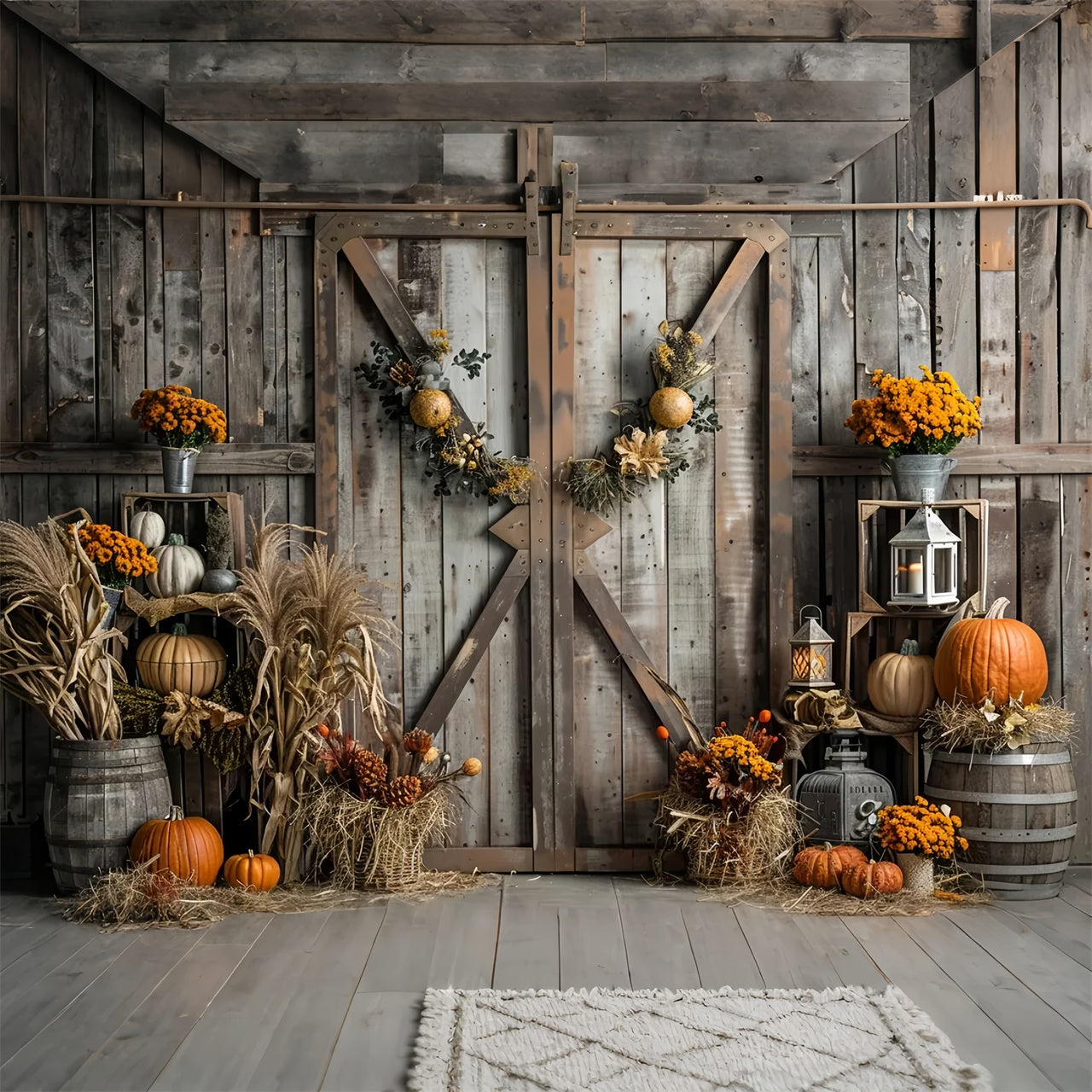 Toile de fond de porte en bois brun avec paille et citrouilles d'automne BRP7-165